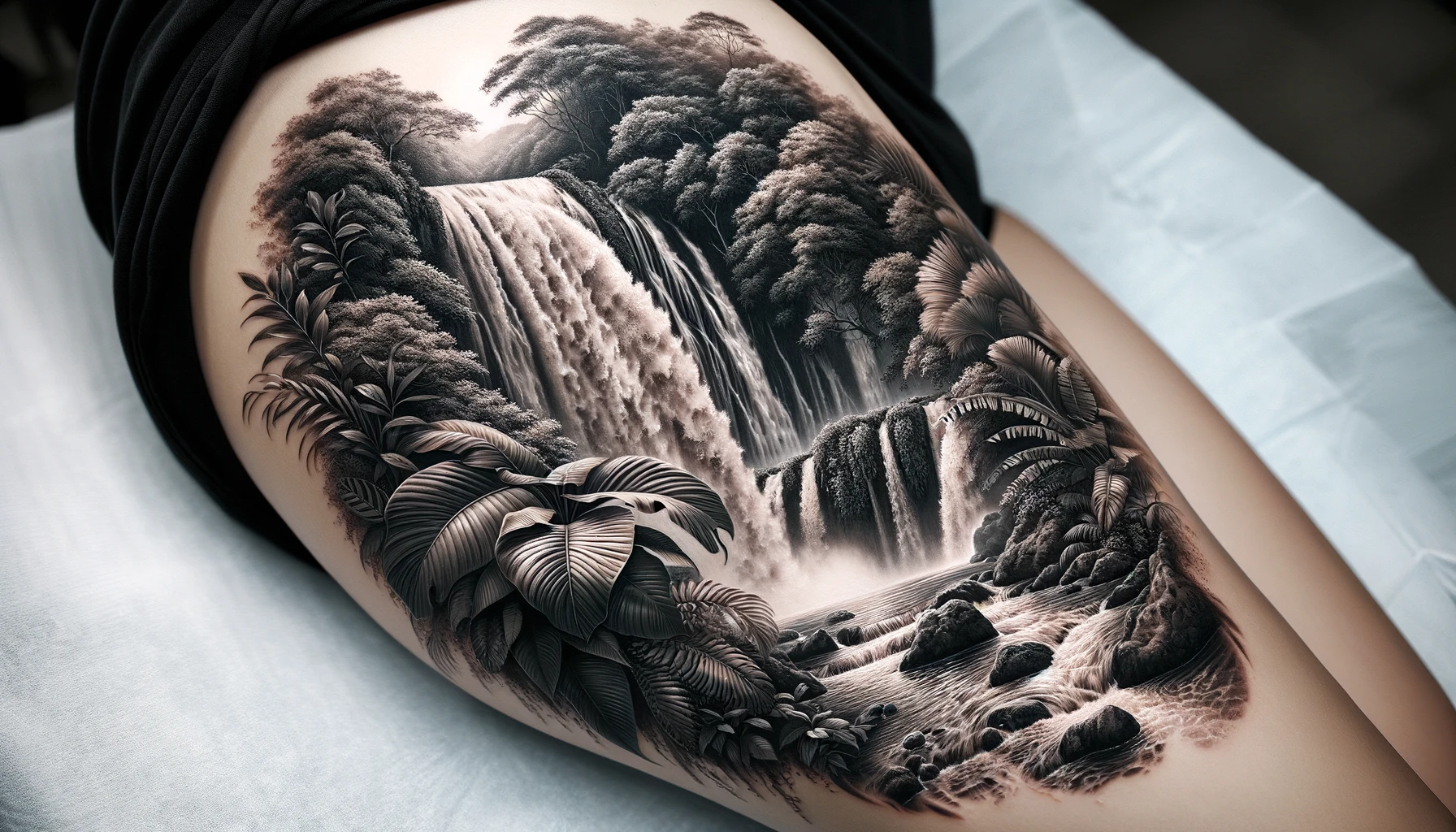 DALL·E 2024-03-25 16.13.57 - A realistic tattoo design of the La Fortuna Waterfall, inked on a person's skin. The tattoo should capture the cascading water of the waterfall, surro