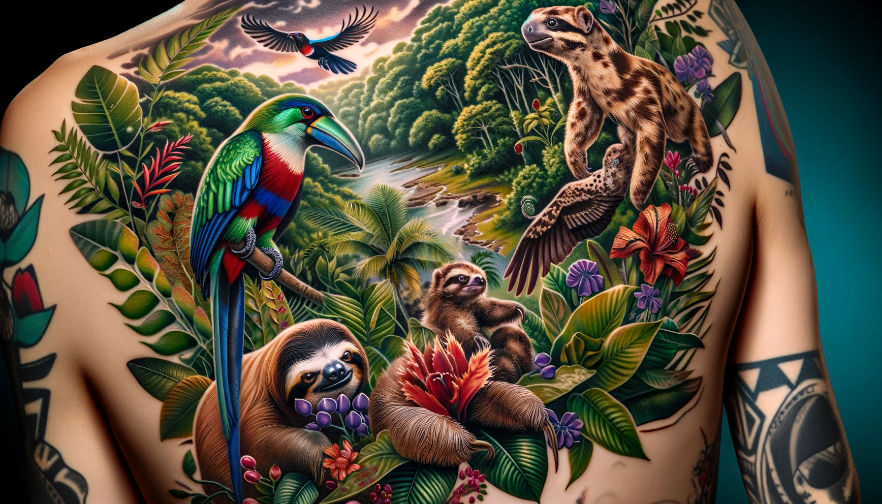 DALL·E 2024-03-25 16.16.56 - A realistic tattoo design featuring a diverse range of Costa Rican flora and fauna, inked on a person's skin. The tattoo should include iconic wildlif