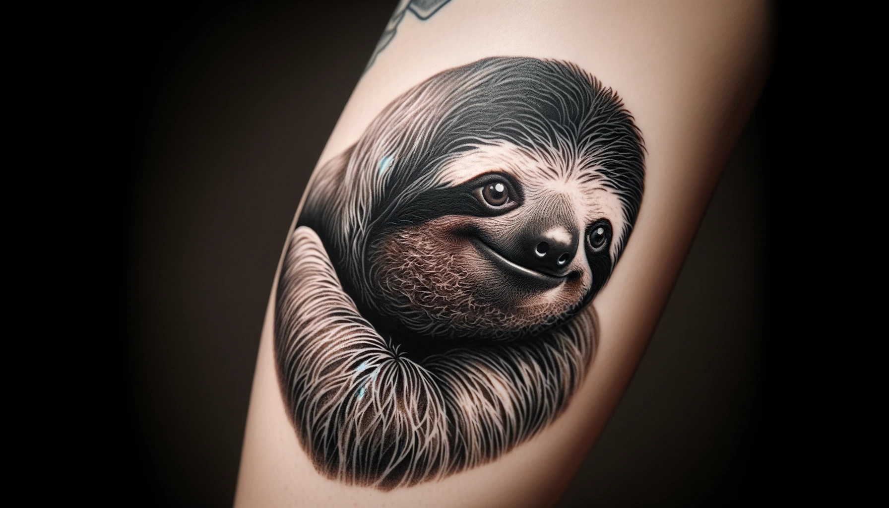 DALL·E 2024-03-25 16.18.34 - A highly realistic tattoo design of a sloth, inked on a woman's skin. The tattoo should capture the gentle and relaxed nature of the sloth, with detai